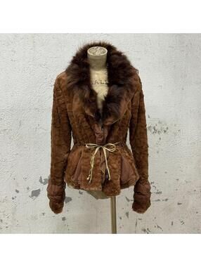 Vintage Brown Rabbit Fur Jacket with Chiffon Panels & Fox Collar